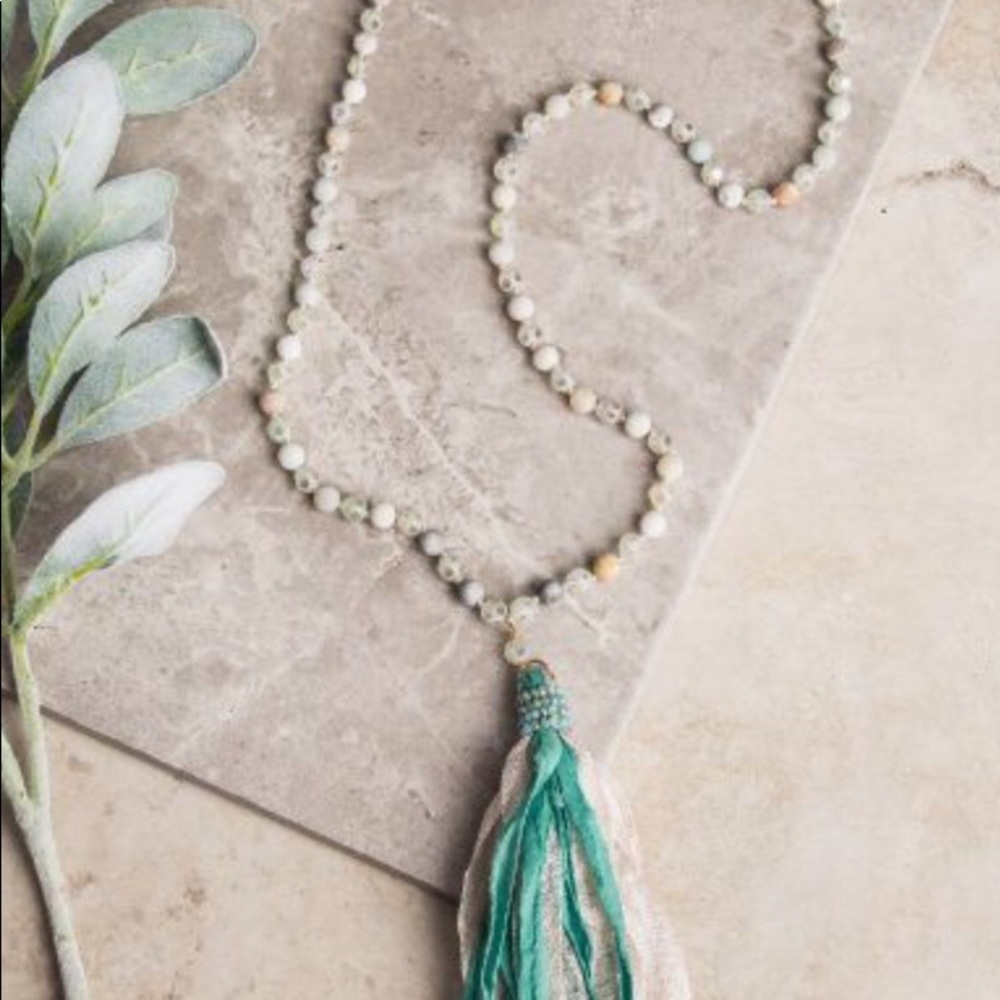 Teal Tassel On Beige Beaded Necklace New